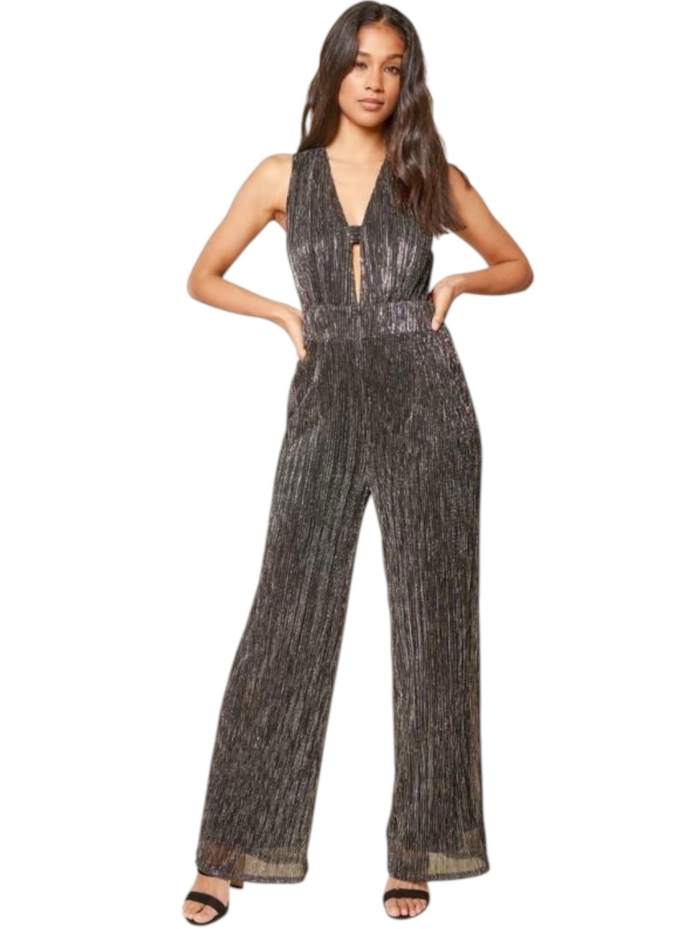 Sugar + Lips NWT Silver Metallic Pleated Wide Leg Jumpsuit Low Back Size M